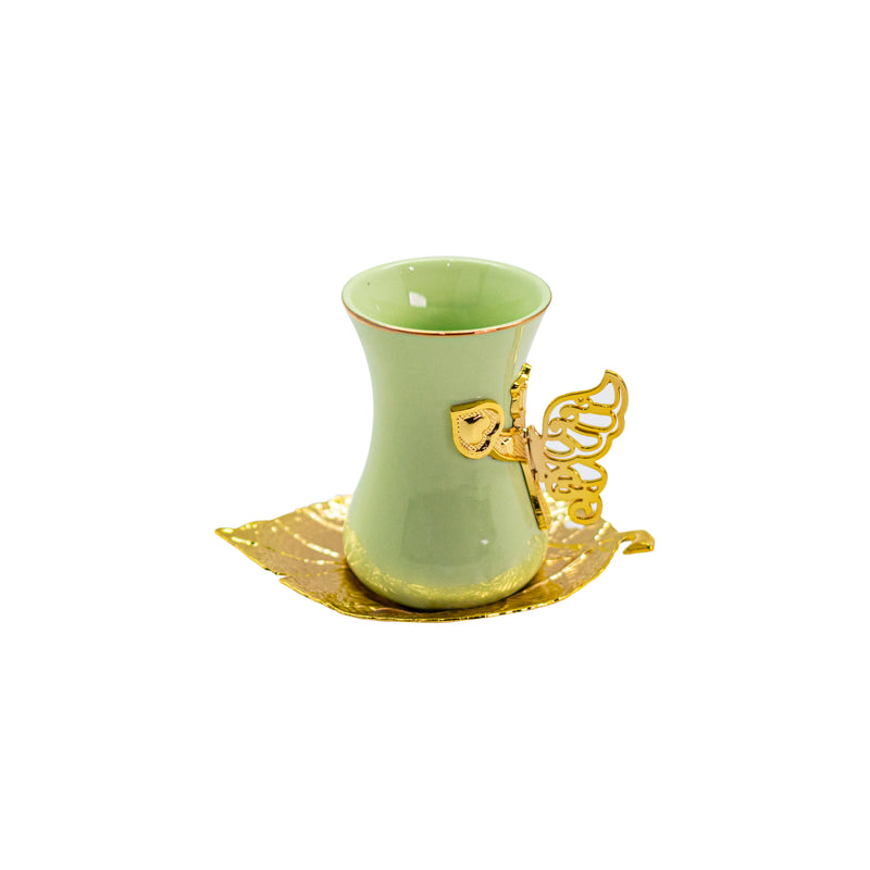 Tea Cup with Butterfly Handle and Leaf Shaped Metal Saucer