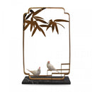 Golden Ecosystem Display with White Canaries and Black Marble Vase