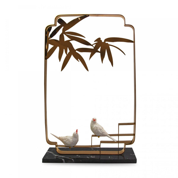 Golden Ecosystem Display with White Canaries and Black Marble Vase